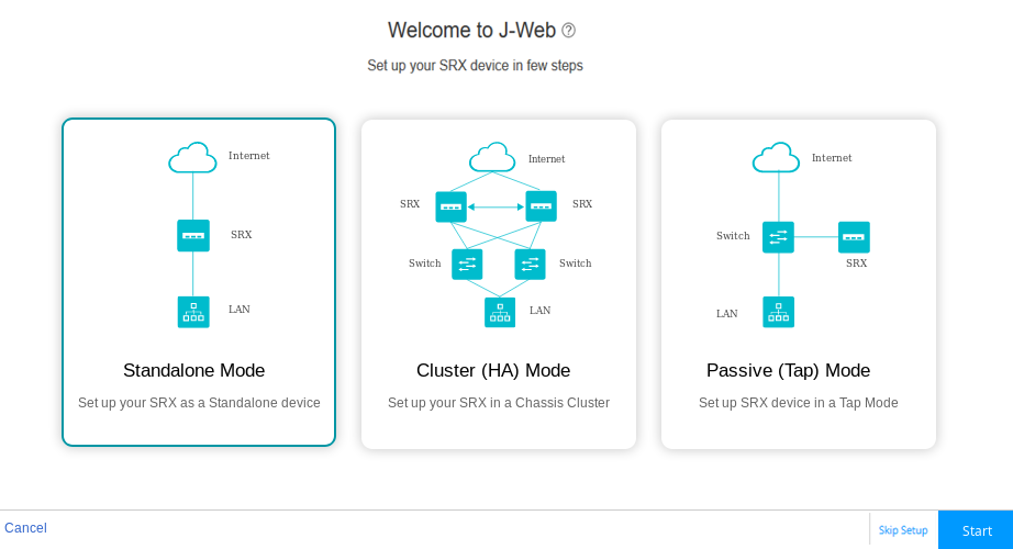 J-Web setup screen for Juniper SRX device with options: Standalone Mode, Cluster HA Mode, Passive Tap Mode; buttons to Cancel, Skip Setup, or Start configuration.