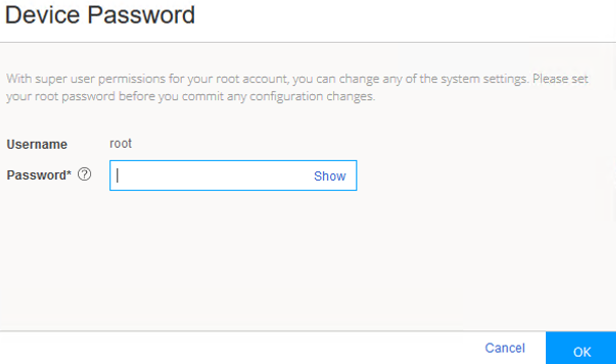 Device Password setup screen prompting root password with Cancel and OK buttons.