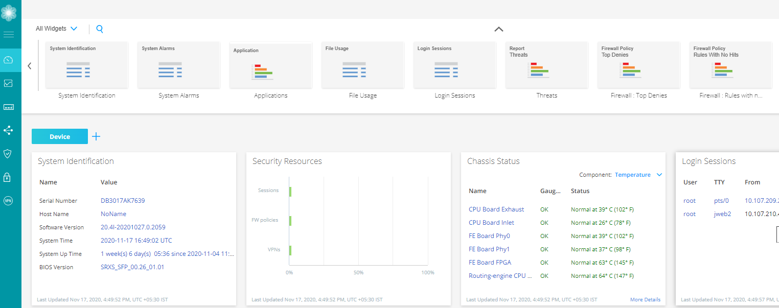 Network management dashboard showing system details like serial number DB3017AK7639, host name NoName, and software version. Displays system time, uptime, BIOS version, security resource graphs, chassis temperature readings, and active login sessions for user root.