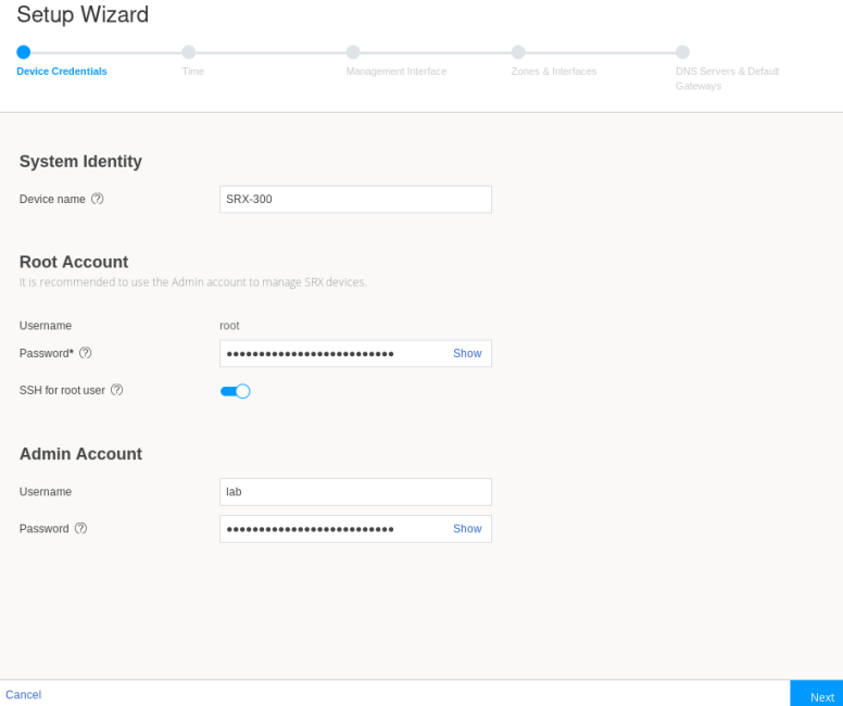 J-Web Setup Wizard Device Credentials