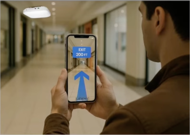 Person holding a smartphone with augmented reality navigation showing a blue arrow pointing forward and label EXIT 200 FT in an indoor hallway.