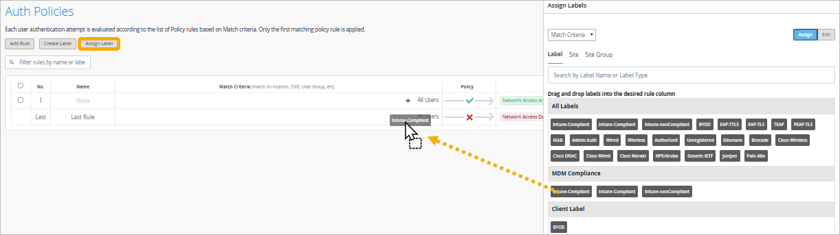 Illustraton of Dragging a Label from the Assign Labels Side Panel to a Rule