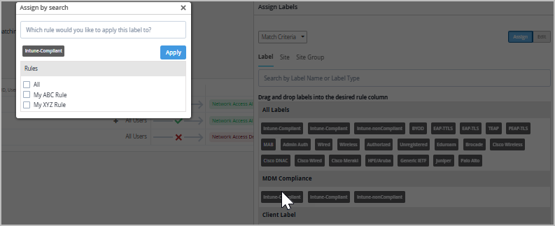 Illustration of Double-Clicking a Label in the Assign Labels Side Panel and Then Assigning It to Multiple Rules