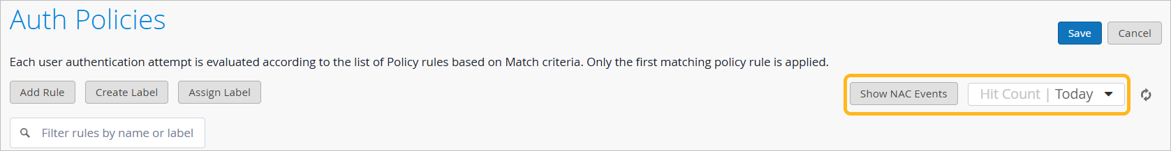 Location of the NAC Events Button and the Time Selection Menu on the Auth Policies Page