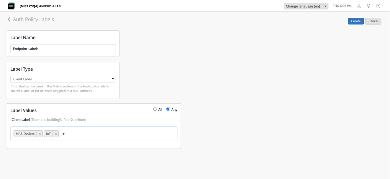 Configuration interface for creating Auth Policy Labels with fields for label name, type, values, and matching options. User-defined labels include MAB-Devices and IoT.