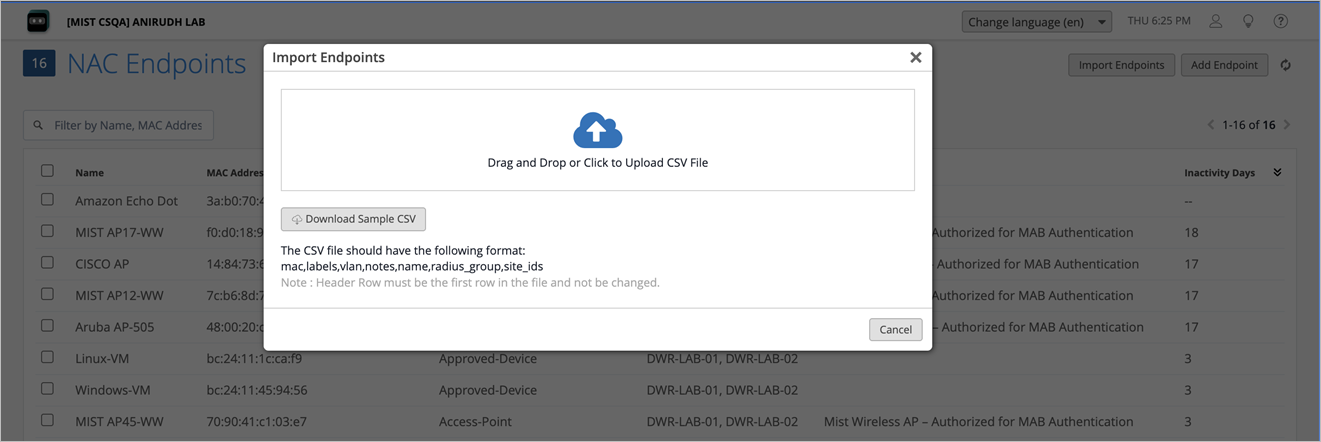User interface for managing NAC endpoints with a pop-up titled Import Endpoints for uploading CSV files. Background shows an endpoint table with details like Name, MAC Address, Status, and Inactivity Days. Buttons for Import Endpoints and Add Endpoint are visible.