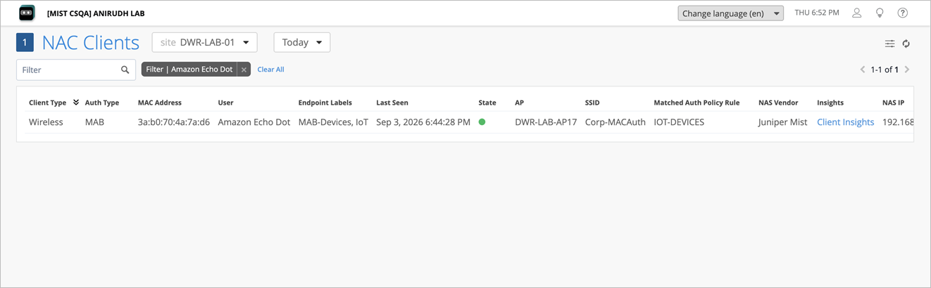 Network management interface showing NAC Clients section with details of a connected Amazon Echo Dot device: Wireless, MAB auth, active, matched to IOT-DEVICES policy.