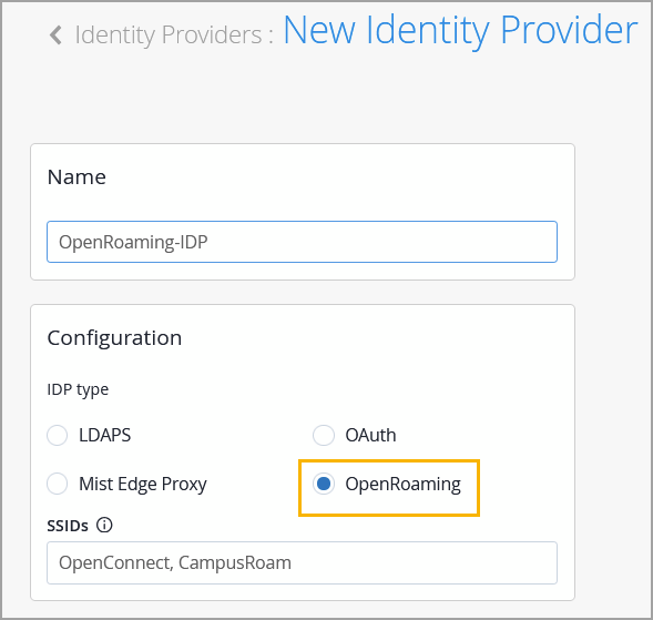 New Identity Provider Page - Name and IDP Type