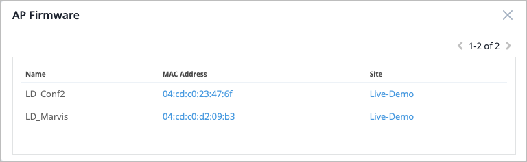 Table labeled AP Firmware listing access points LD_Conf2 and LD_Marvis with MAC addresses 04:cd:c0:23:47:6f and 04:cd:c0:d2:09:b3, both associated with site Live-Demo.