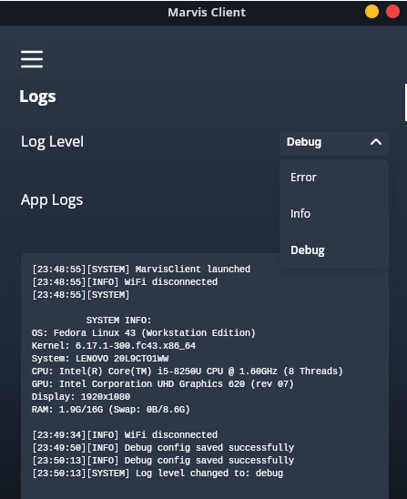 Log files for the Linux Marvis client