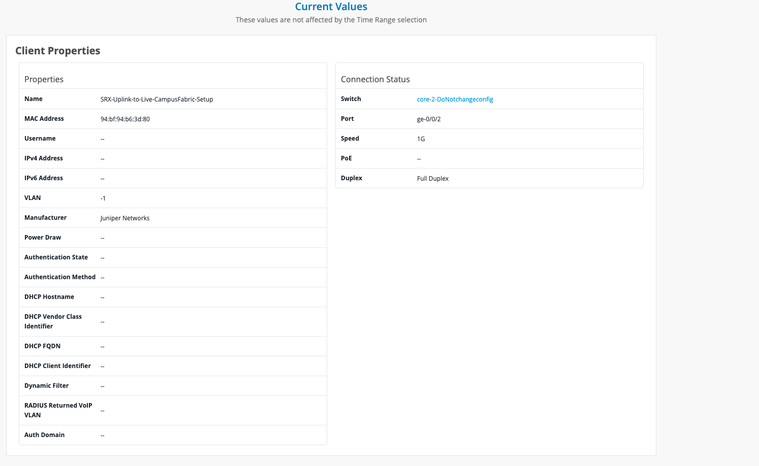 Current Values for Wired Clients