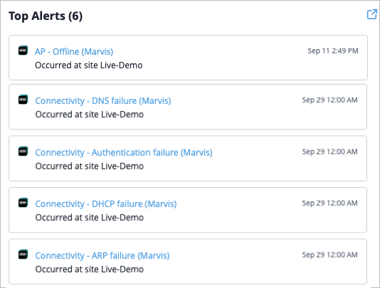 Top alerts from Marvis for Live-Demo site: AP offline on Sep 11 at 2:49 PM, DNS failure on Sep 29 at 12:00 AM, authentication failure on Sep 29 at 12:00 AM, DHCP failure on Sep 29 at 12:00 AM, ARP failure on Sep 29 at 12:00 AM.