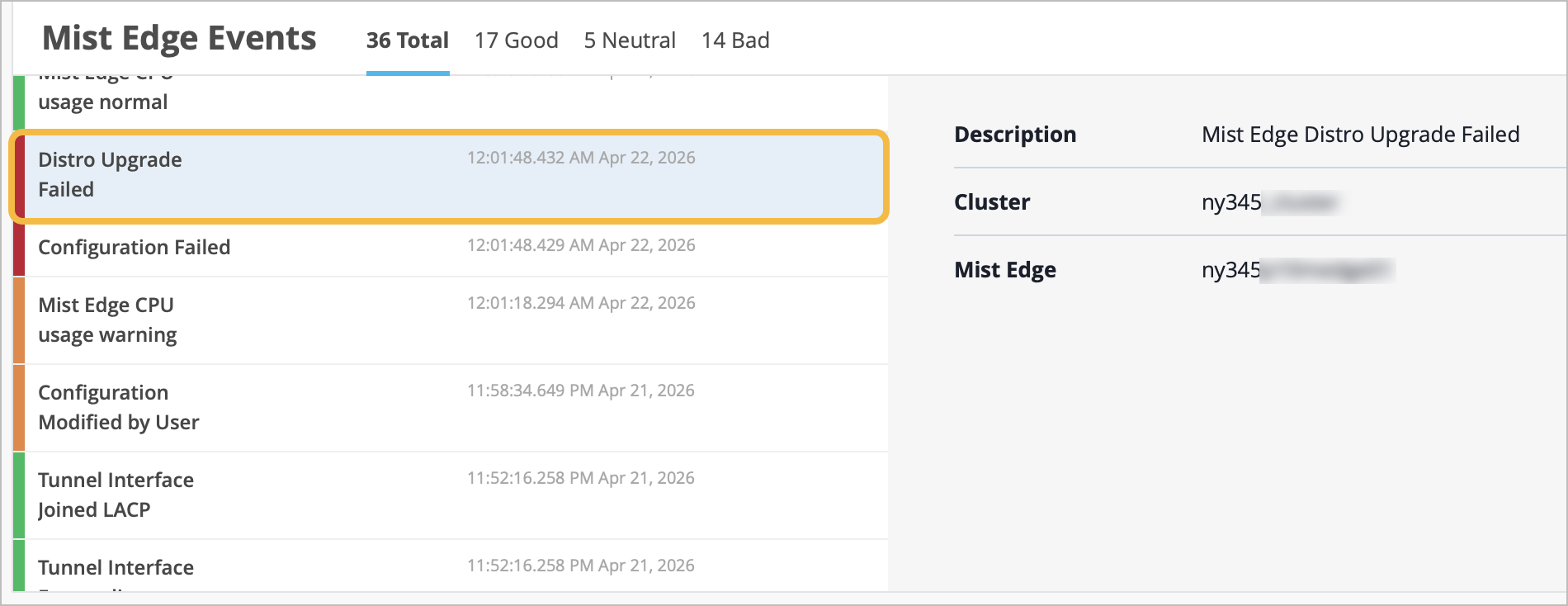 Distro Upgrade Failed event on Mist Edge Insights page