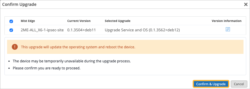 Review the upgrade details, then click the Confirm & Upgrade button to proceed.