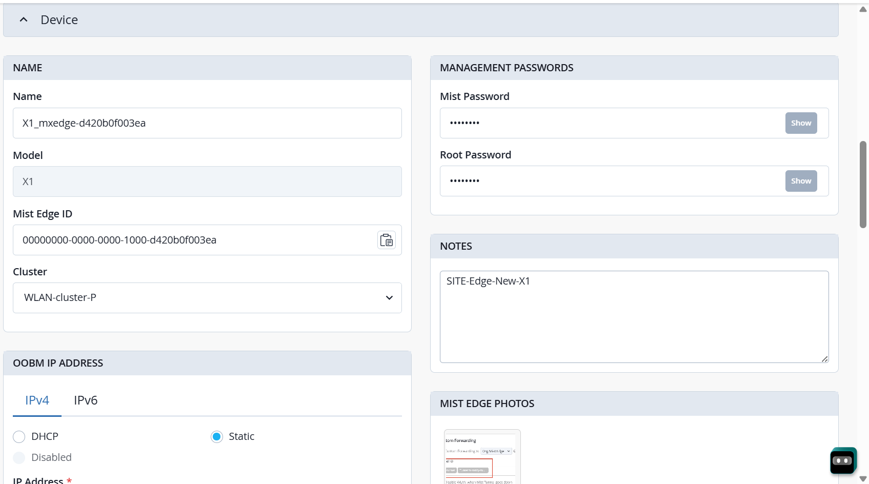 Device Section in Mist Edge Inventory Page