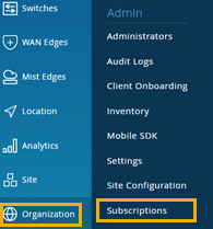 Organization menu and Subscriptions option