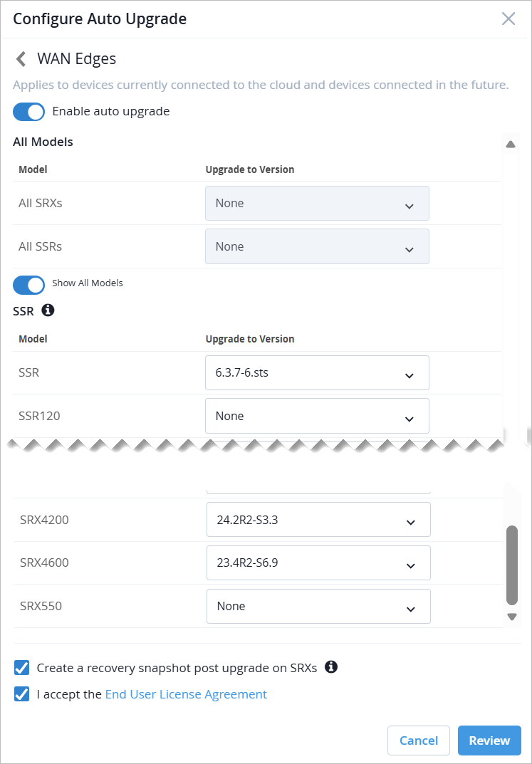 WAN Edges Upgrade Options in the Configure Auto Upgrade Window