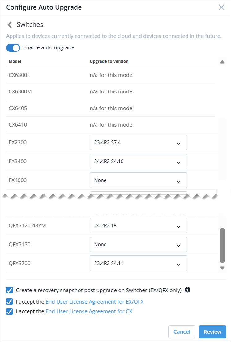 Switches Upgrade Options in the Configure Auto Upgrade Window