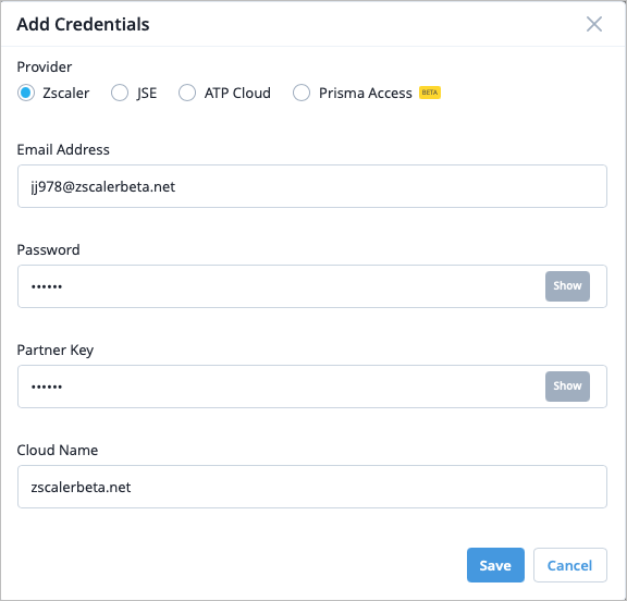 Add Credentials for Zscaler