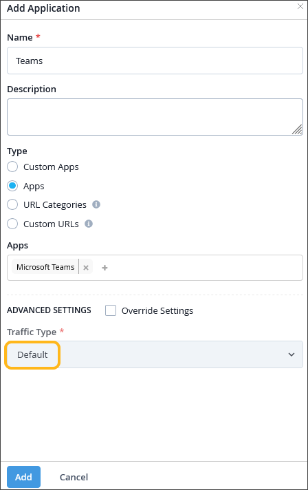 Traffic Type set to Default in Application configuration