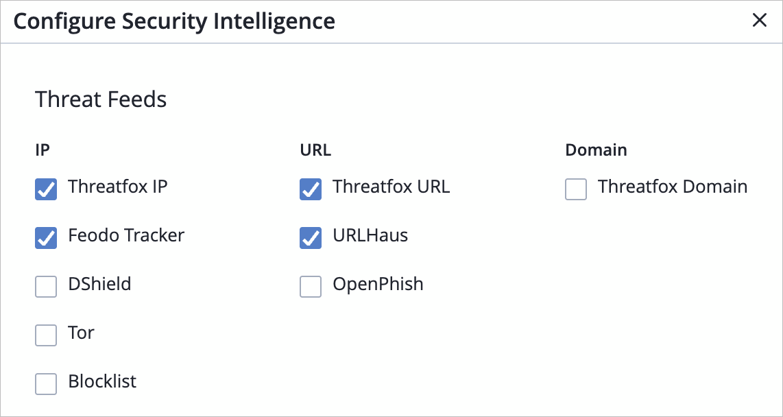 Threat Feed Check Boxes in the Configure Security Intelligence Pop-Up Window