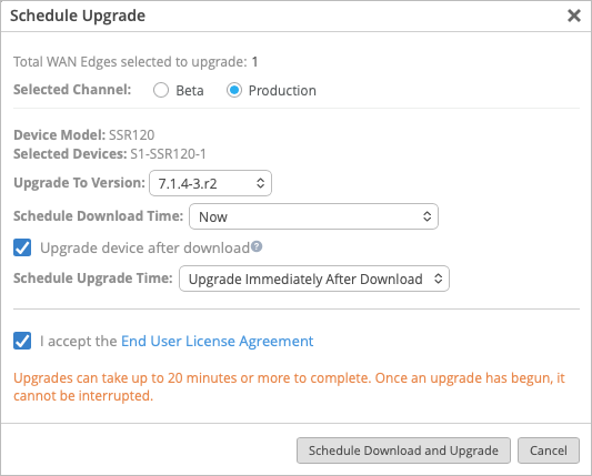 Schedule Upgrade window where you can select a firmware version to upgrade to as well as schedule a time for the upgrade to occur.