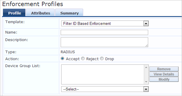 Aruba ClearPass Enforcement Profiles - Profile Tab