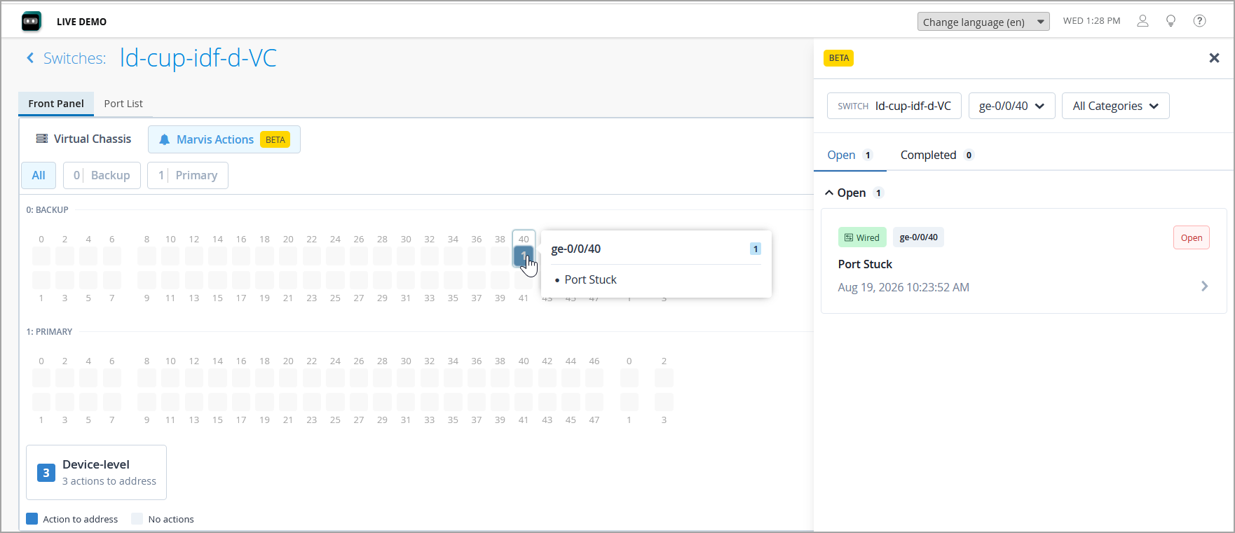 Network management interface showing switch ld-cup-idf-d-VC with tabs Front Panel and Port List. Virtual chassis displays sections 0: BACKUP and 1: PRIMARY with port numbers. Port ge-0/0/40 highlighted as Port Stuck. Marvis Actions button in beta, 3 device-level actions, and open issue details for stuck port with timestamp Aug 19, 2026, 10:23:52 AM.