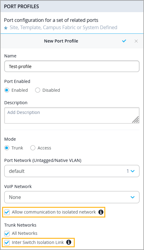 Port Profile configuration interface with fields for name, description, port mode, VLAN, VoIP network, isolated network communication, trunk networks, and inter-switch isolation settings.