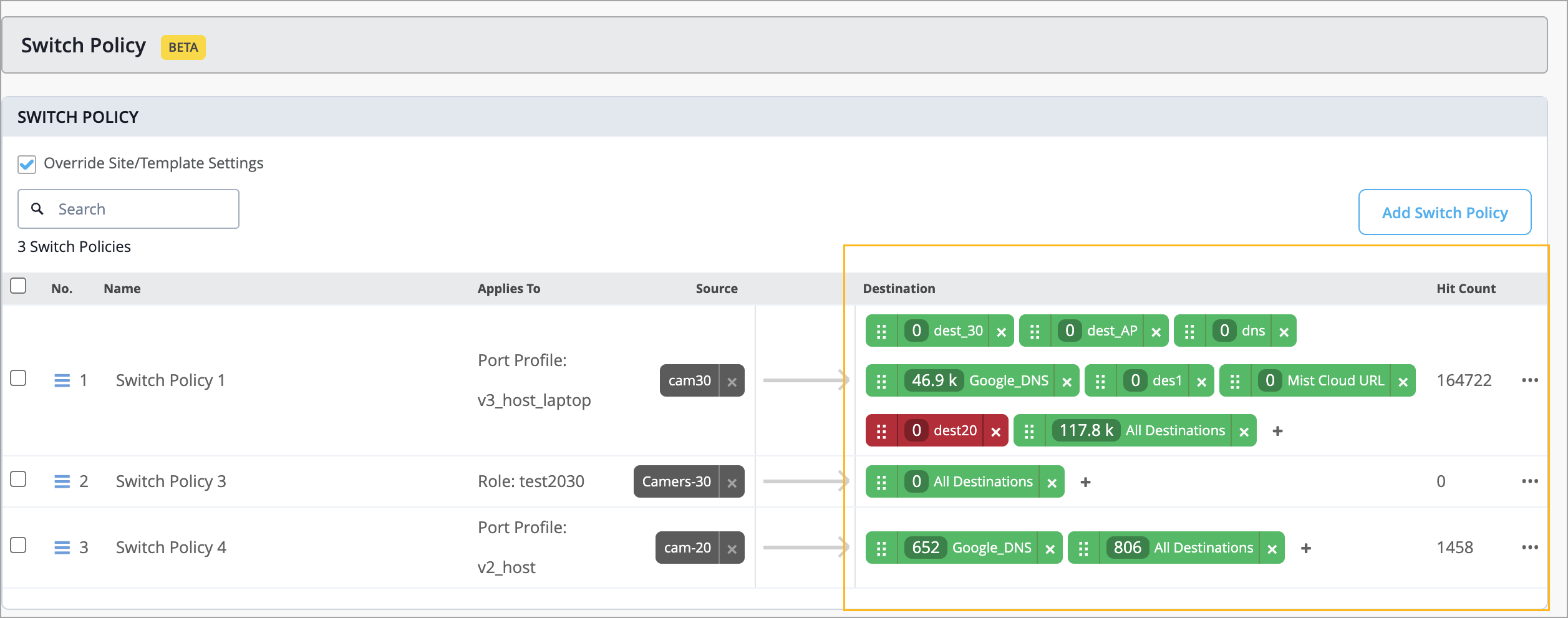 User interface for managing Switch Policies in a network system, featuring a beta-labeled Switch Policy section, checkbox to override site or template settings, search bar, list of three policies with configuration details, policy scope, sources, destinations with hit counts and statuses, and an Add Switch Policy button.
