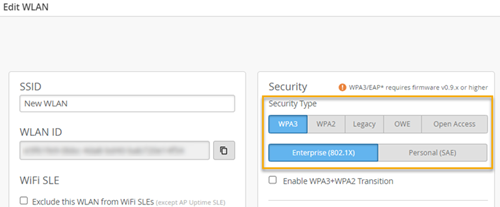 Security Type Section of the Edit/Create WLAN Page