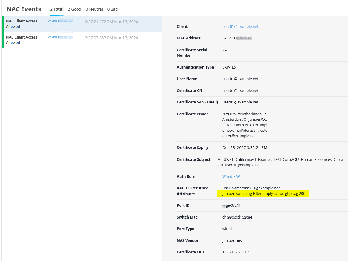 Wired Client EAP-TLS authentication event