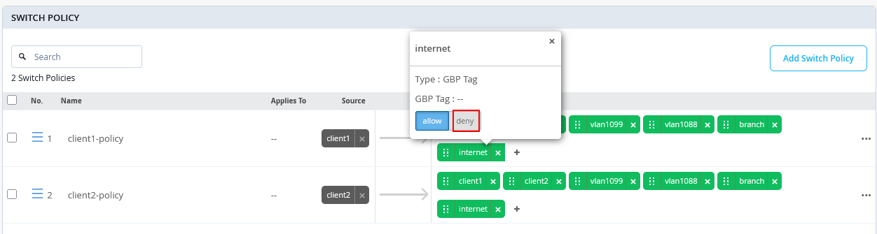 Selecting "deny" Option in Policy Rule Set
