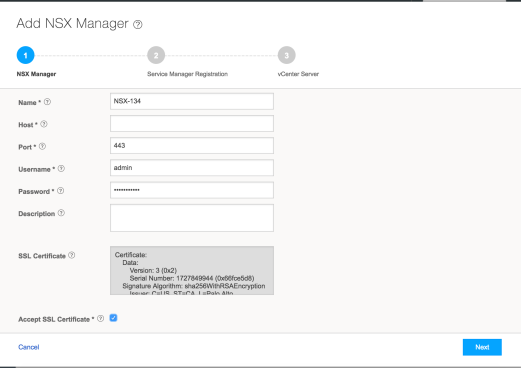 Adding NSX Manager Page