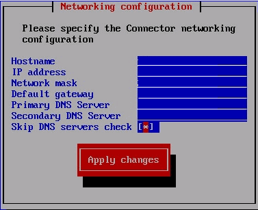 Networking configuration screen for setting hostname, IP address, network mask, default gateway, primary and secondary DNS servers.