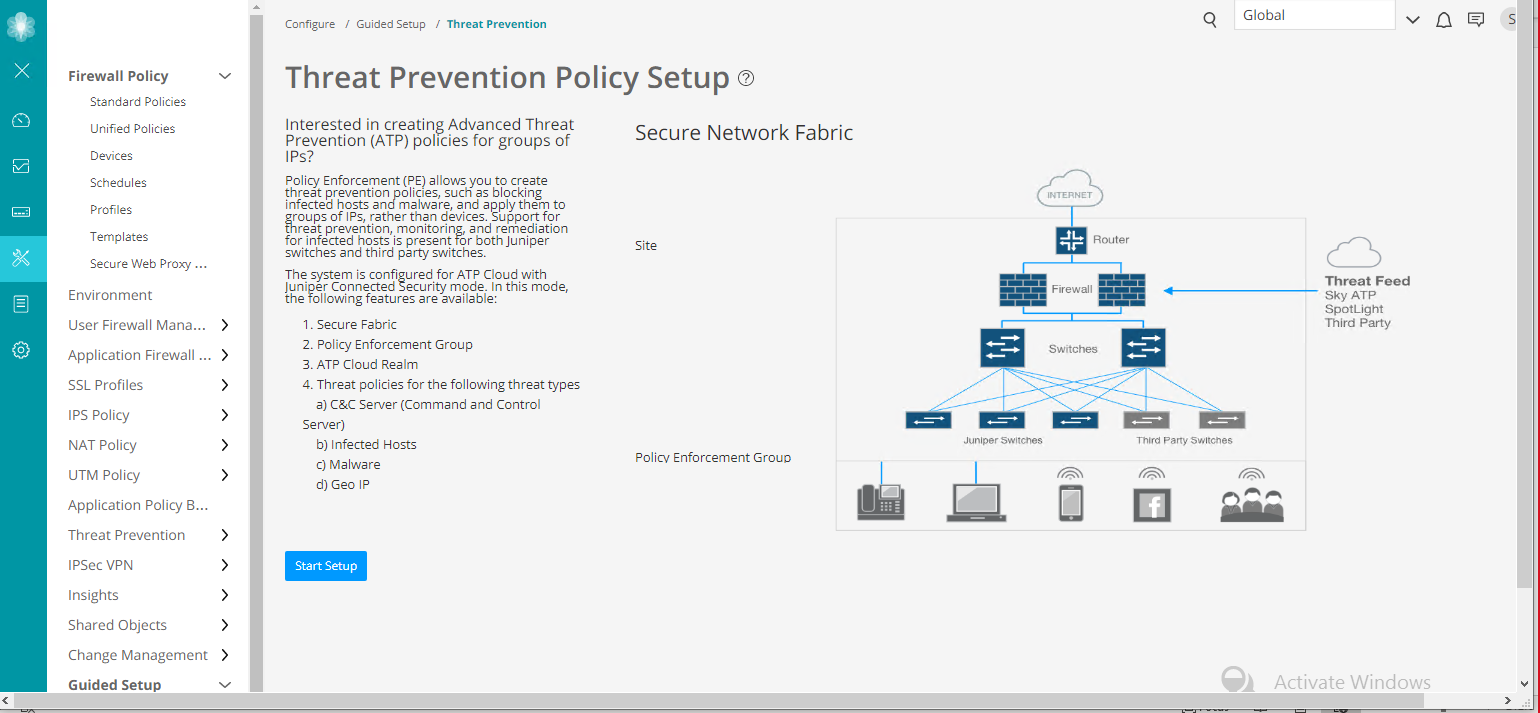 Threat Prevention Policy configuration interface for setting up advanced security policies in a network security system from Juniper Networks.