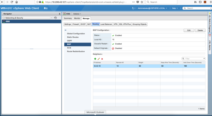VMware vSphere Web Client showing Edge Services Gateway BGP configuration with status enabled, local AS 10, and one neighbor IP 5.0.0.10.