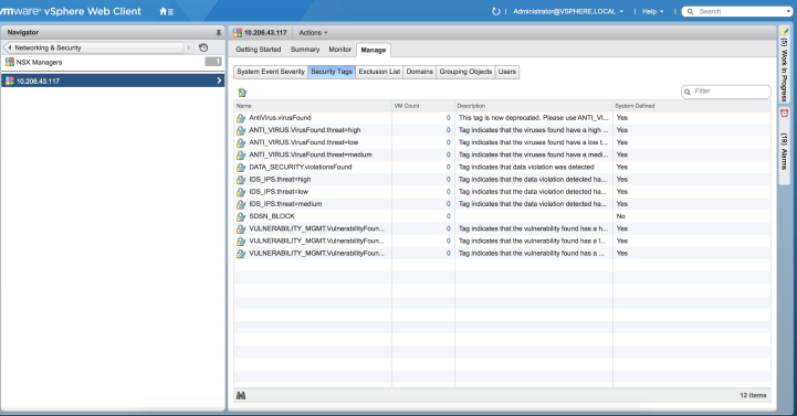 VMware vSphere Web Client interface showing Security Tags under Networking and Security for NSX Managers with system event severity tags for antivirus, data security, IDS, and vulnerability management.