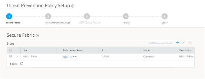 Threat Prevention Policy Setup interface with Secure Fabric step highlighted; table shows site NSX-117-Site with details like IP 127.0.0.1 and model Connector.