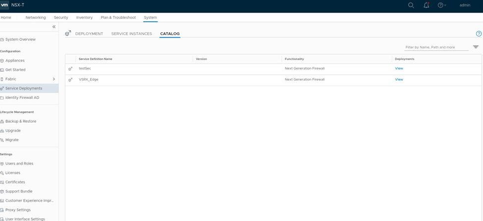 VMware NSX-T interface showing System tab in Service Deployments with service definitions testEsc and VSRX_Edge as Next Generation Firewall.