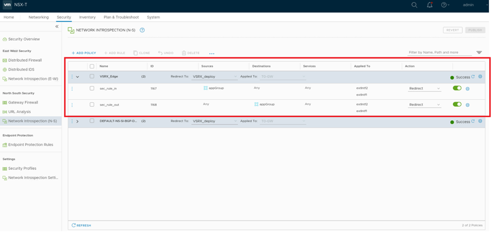 VMware NSX-T Network Introspection section showing policies for traffic redirection and inspection by third-party services.