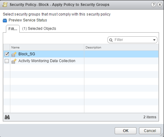 Security Policy window to apply policies to security groups; Block_SG selected, Activity Monitoring Data Collection not selected; OK and Cancel buttons.