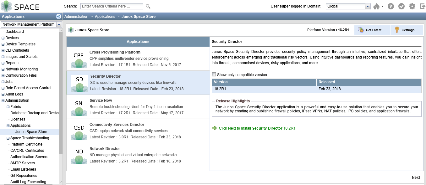 Junos Space Store interface displaying applications list with Security Director highlighted; offers centralized security policy management.