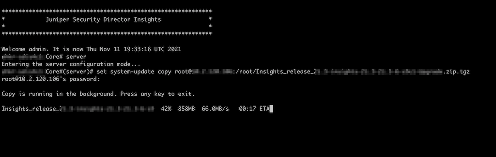 CLI screen showing Juniper Security Director Insights with file transfer in progress. Transfer is 42 percent complete at 66.0 MB/s, ETA 17 seconds.