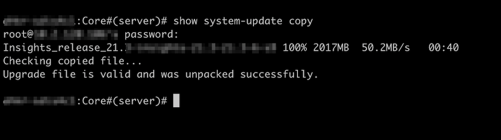 Terminal interface showing system update with command 'show system-update copy'. Transfer of 2017MB file at 50.2MB/s completed in 40 seconds. File validated and unpacked.