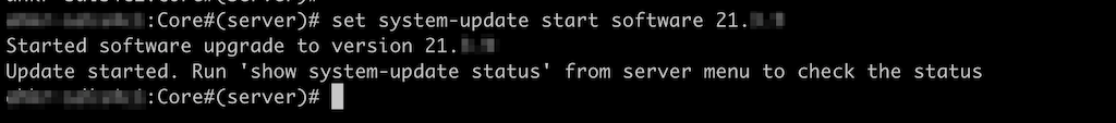 Command-line interface showing system update initiation with command set system-update start software 21.XX. Update confirmed started. Instructions to check status with show system-update status.