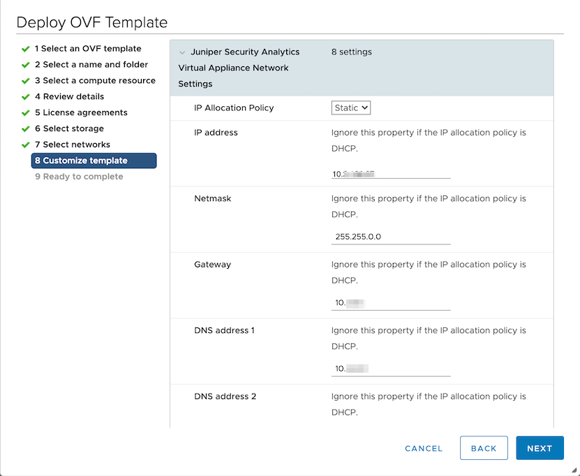 Step 8 Customize template in OVF deployment; configuring network settings for Juniper Security Analytics with static IP, netmask 255.255.0.0.