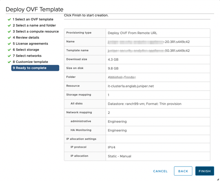 Summary of Deploy OVF Template with provisioning from remote URL, 4.3 GB download, 9.8 GB on disk, static IPv4, datastore ranch99-vm, and network Engineering.
