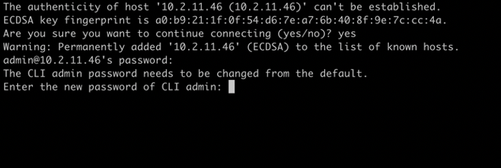 SSH session showing connection to host 10.2.11.46. User confirms host authenticity, adds host to known hosts, and is prompted to change default password.