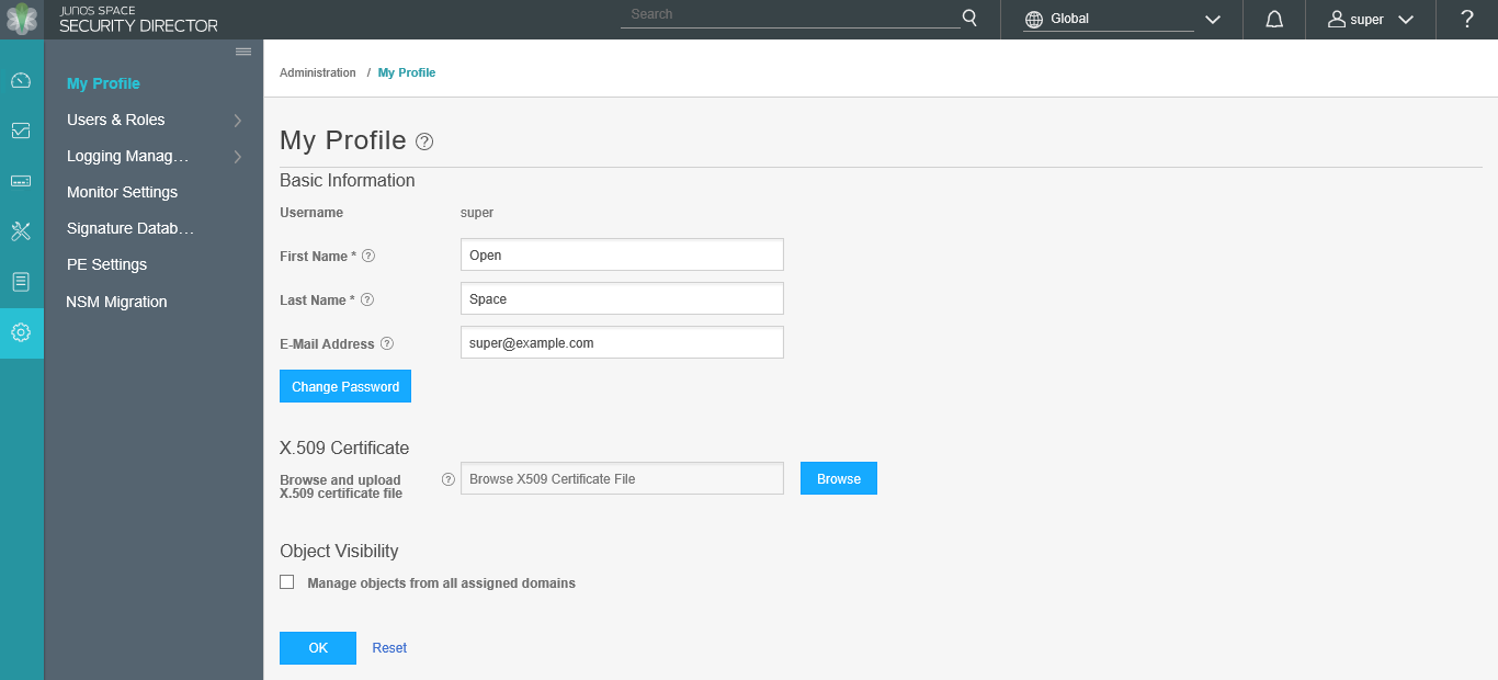 Junos Space Security Director user interface showing My Profile section under Administration tab with fields for username and email.